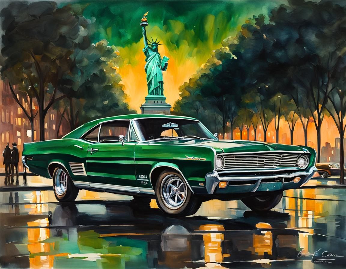 Gran Torino and Statue of Liberty Gouache Painting