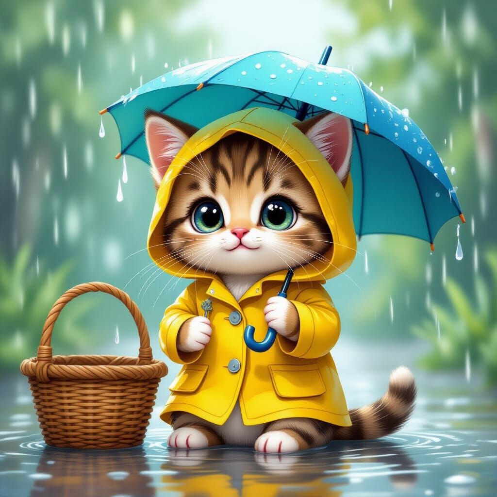 A cute, cartoonish kitten in a vibrant yellow raincoat