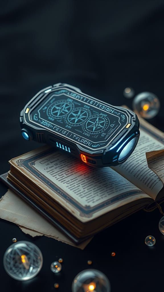 Sleek Futuristic Device Illuminated by Ancient Mysticism