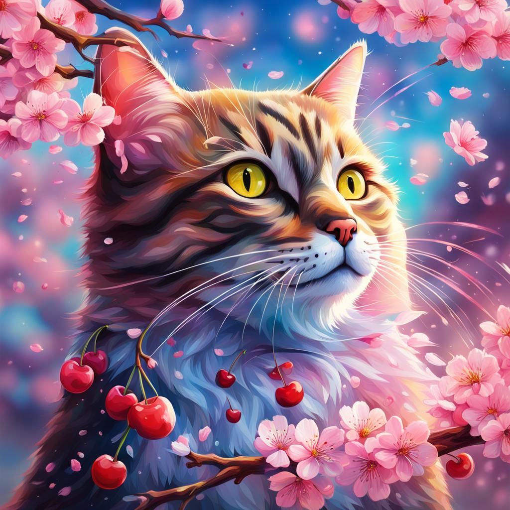 Crystal Cat and Cherry Blossom Double Exposure