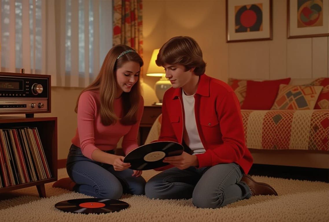 Teen Couple in 70s Apartment with Vinyl Record
