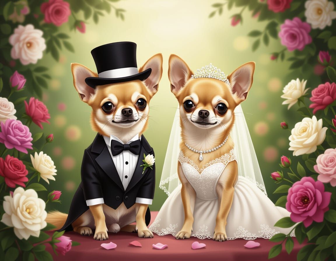 Chihuahuas Wedding Portrait in Illustrative Style