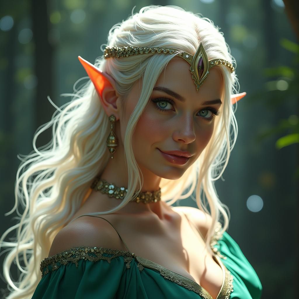 una reina y guerrera elfa, con una belleza sin igual, con ca...