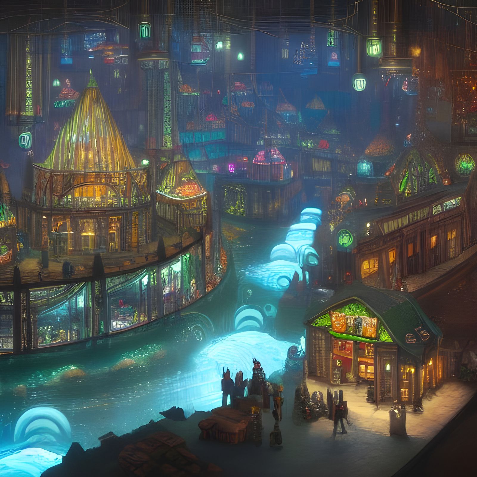 Elven Market with Floating Castles in Cyberpunk Style