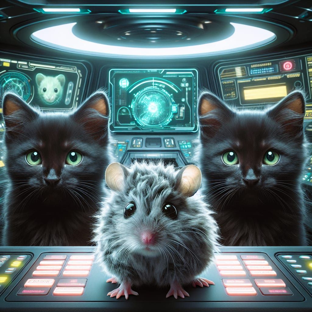 Space Station Feline Trio Surveying Futuristic Medical Bay