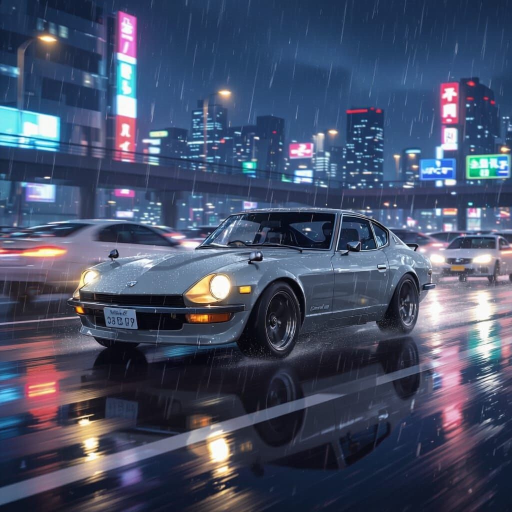 Anime Style Nissan 240Z on Rainy Freeway at Night