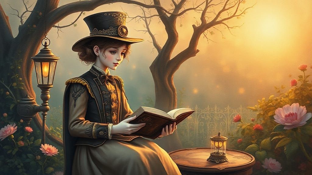 Steampunk Inventor in Dream Garden, Impasto Watercolor