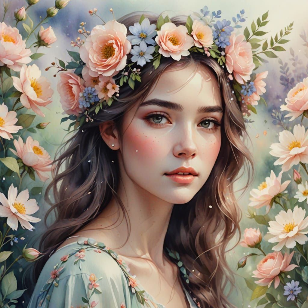 Ethereal Floral Goddess in Soft Watercolor