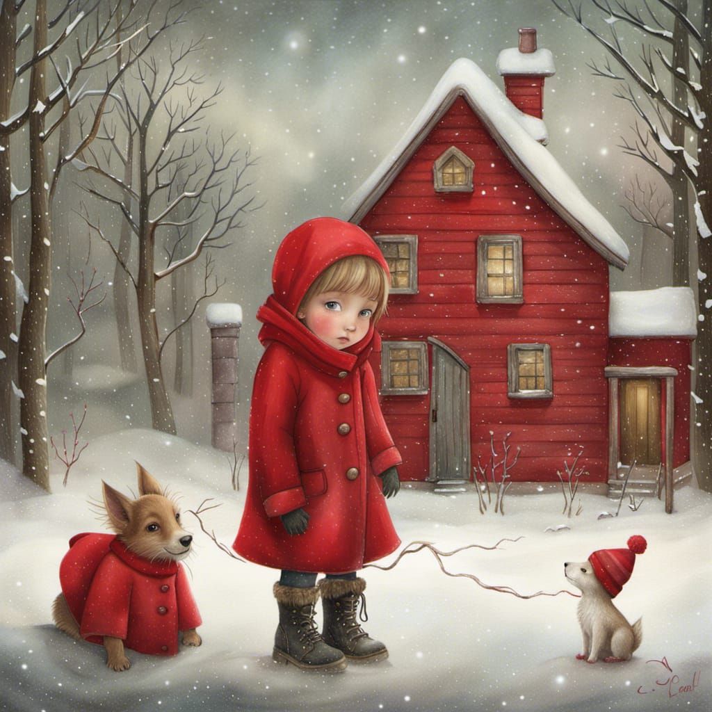 Child Building Snowman: Storybook Illustration