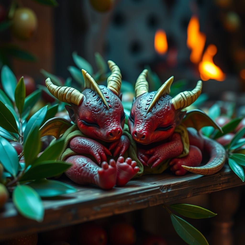 Whimsical Baby Dragons in Enchanted Olive Grove