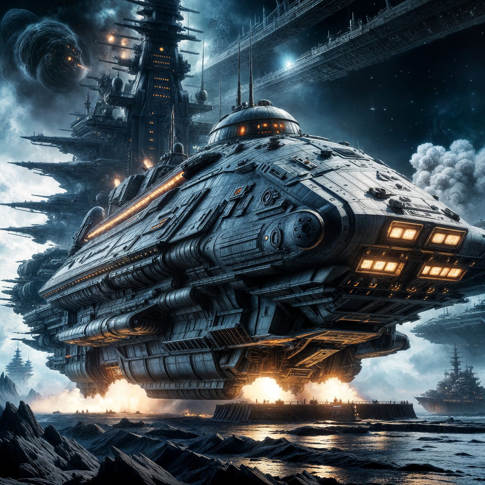 Cosmic Battleship Vanguard Spaceship in Hyperrealistic Detai...