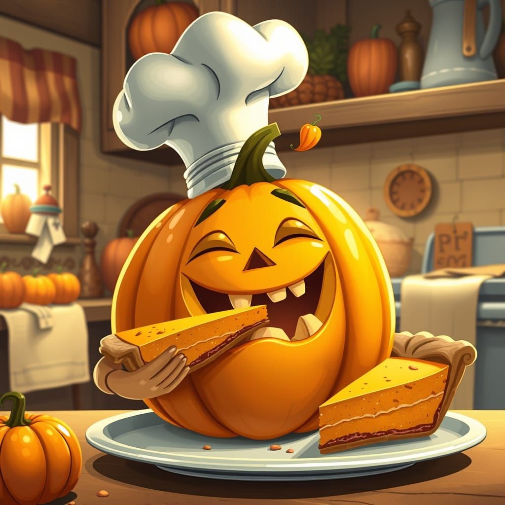 Whimsical Pumpkin Chef Enjoys Pie in Cozy Kitchen
