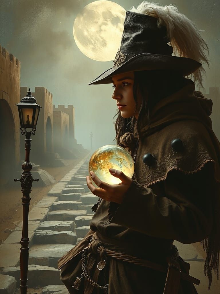 Wandering Alchemist with Crystal Ball in Dreamlike Impressio...