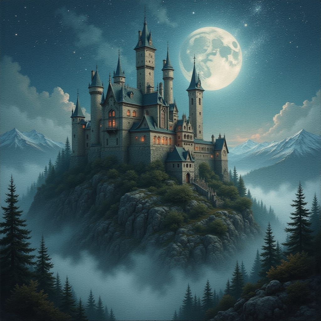 Gothic Castle on Misty Mountain by Night