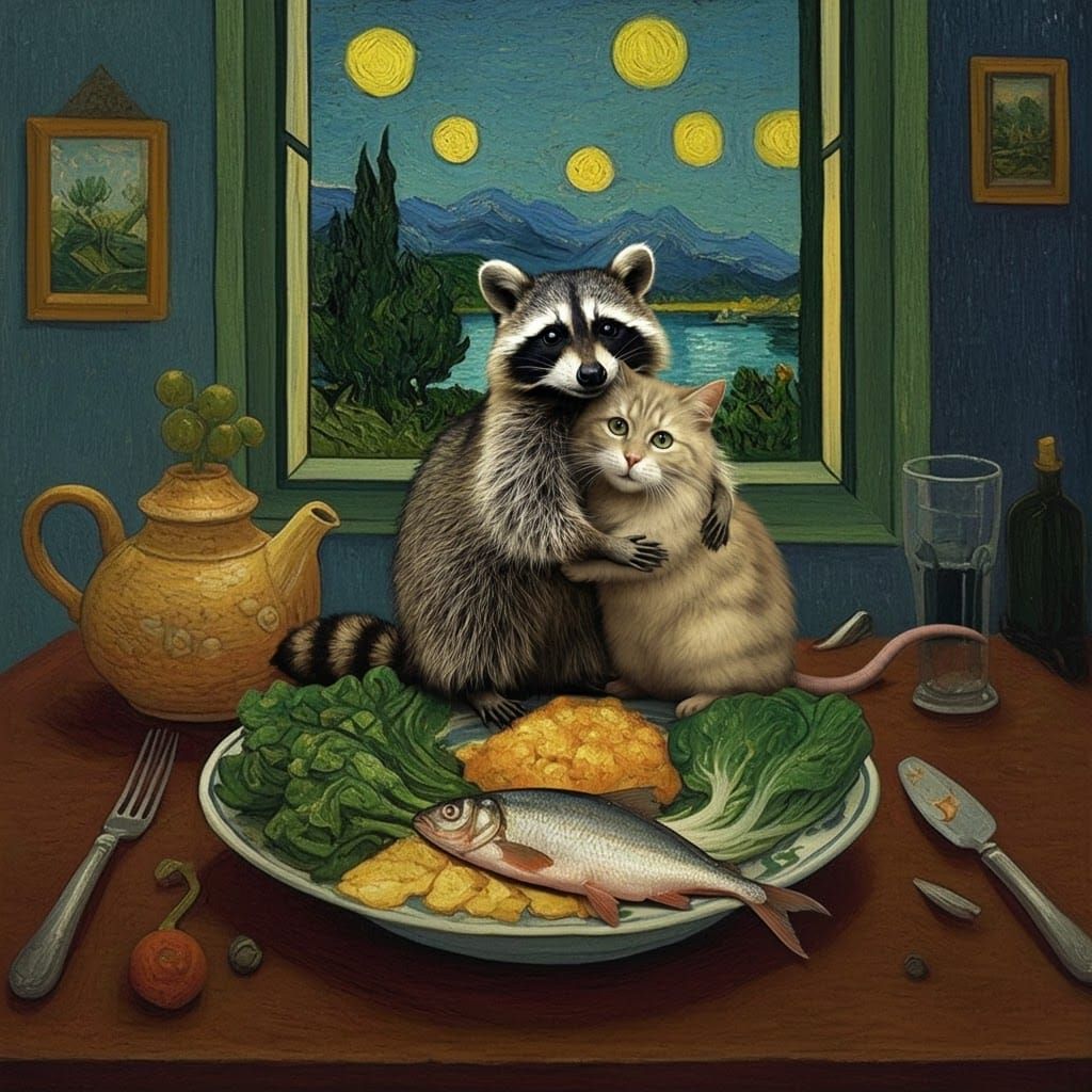 Whimsical Lunch with Hugging Animals, Van Gogh Style