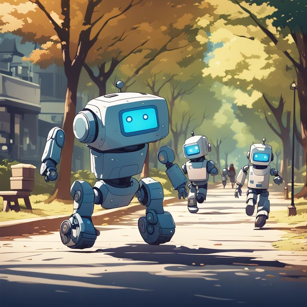 Little Robot Watches Children Play: Cel-Shaded Anime Art