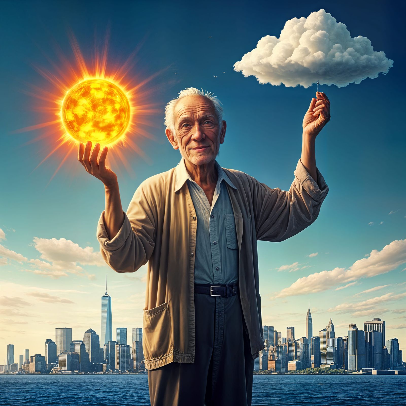 Humorous Old Man Setting Weather Over New York