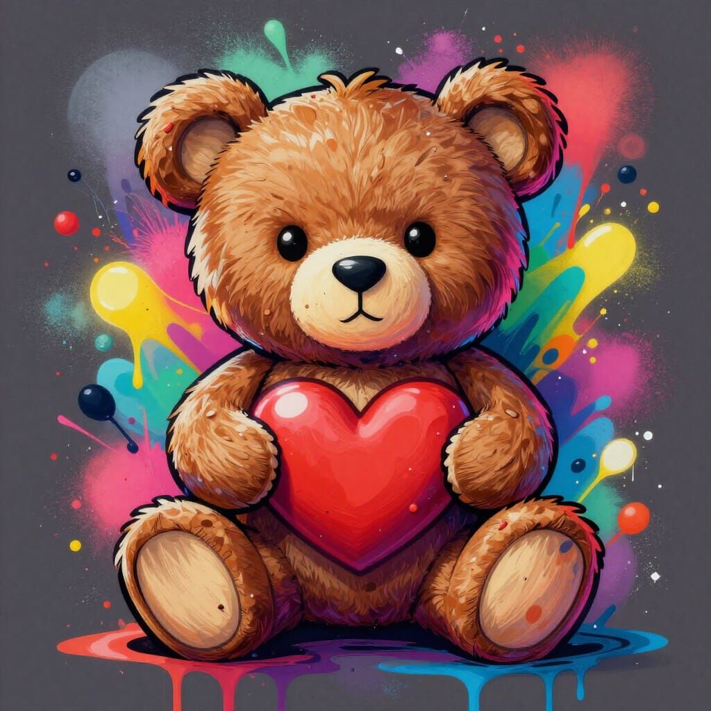 Graffiti Teddy Bear Holding Heart