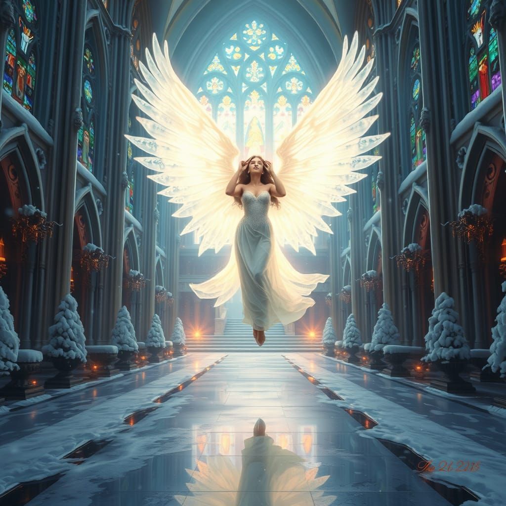 In a grand, snow-covered cathedral, an ethereal angel with luminous wings stands amidst icy reflections. Stained glass w...