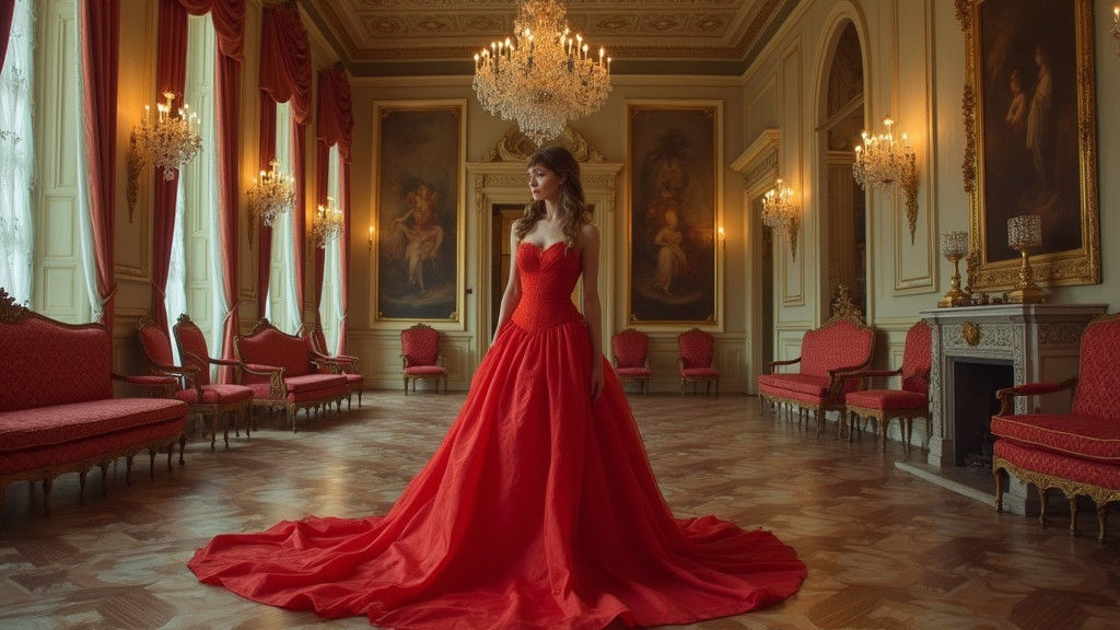 Woman in Red Dress, Opulent Ballroom, Oil Painting
