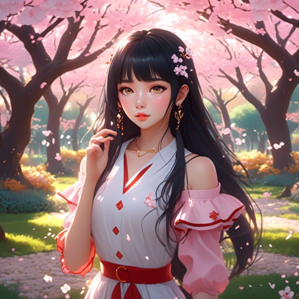 Beautiful Girl in Sakura Garden with 3D Shading