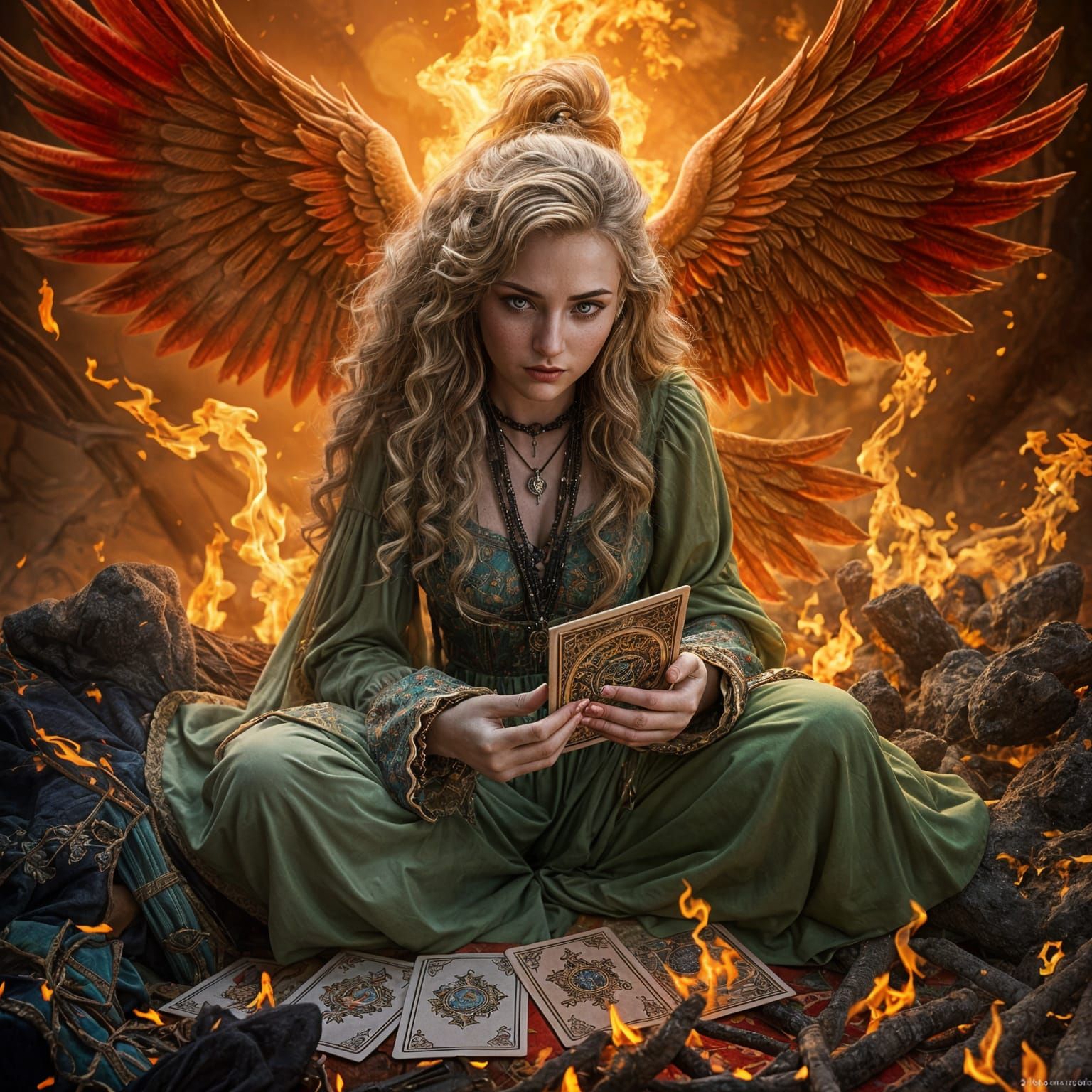 Fantastical Tarot Reader with Phoenix and Alice Elements