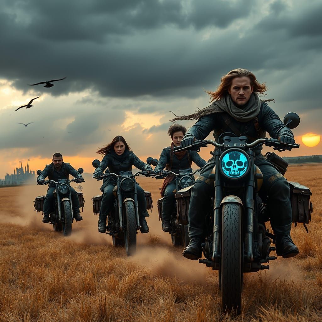 Motorcycle Riders in Dark Fantasy Landscape
