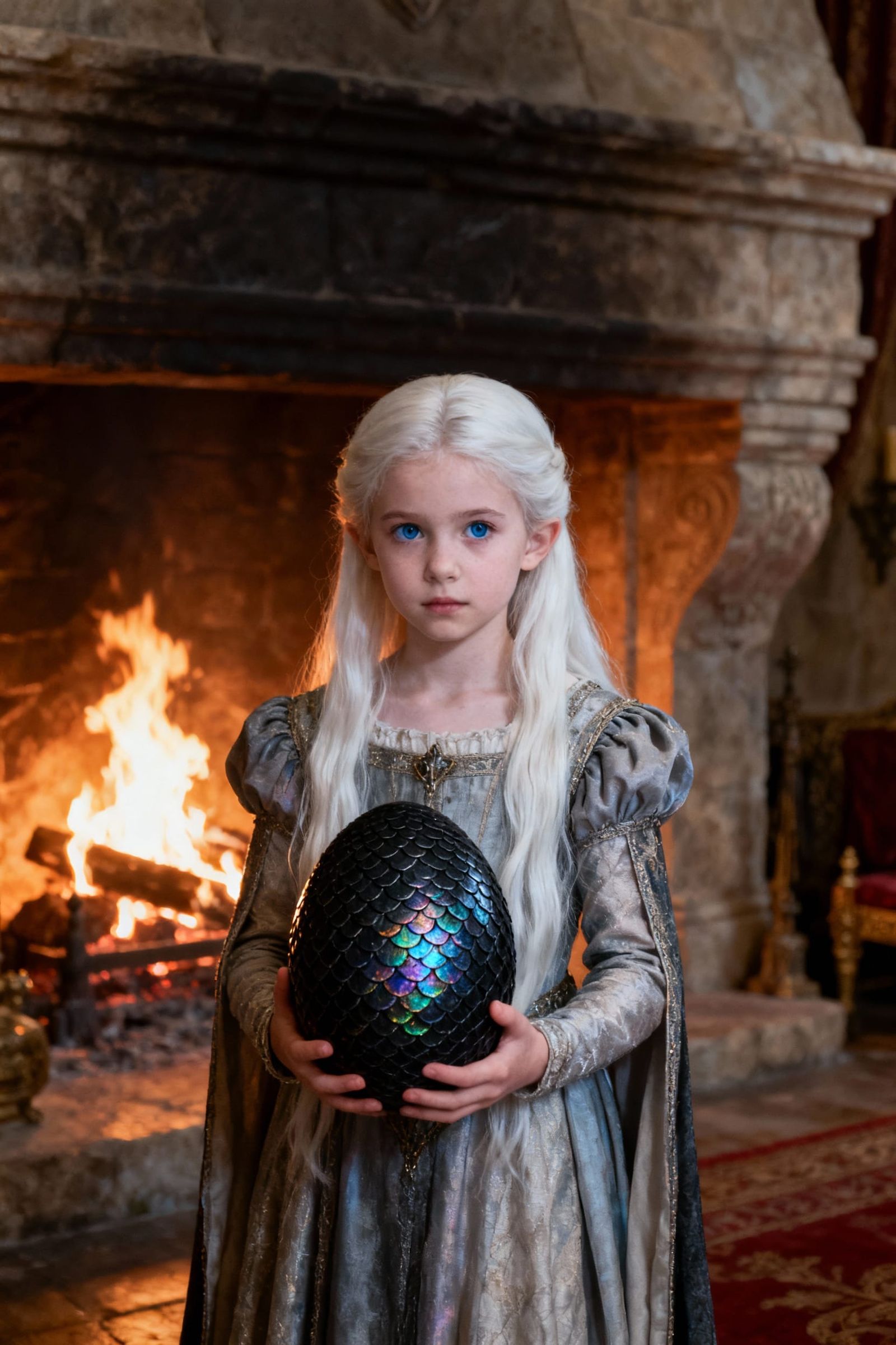 Young Princess with Dragon Egg in Royal Chambers