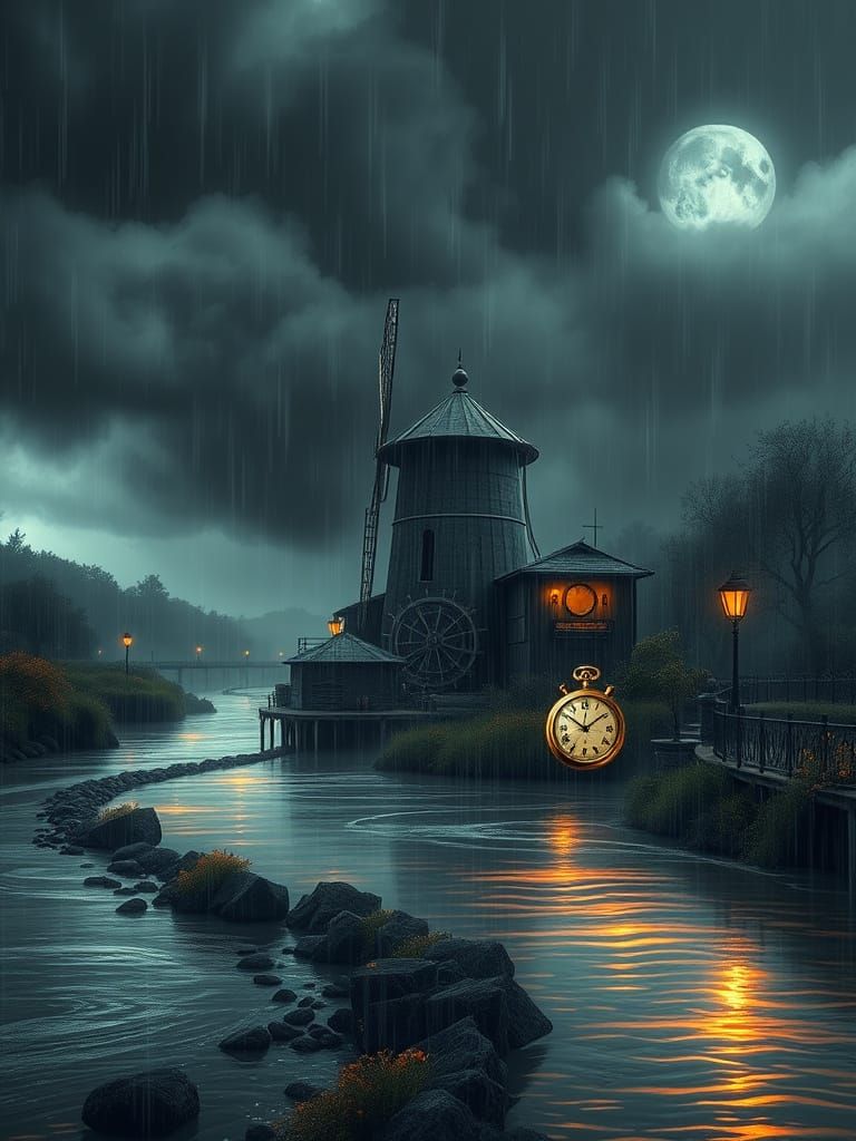 Stormy River Scene with Flower Mill in Digital Art