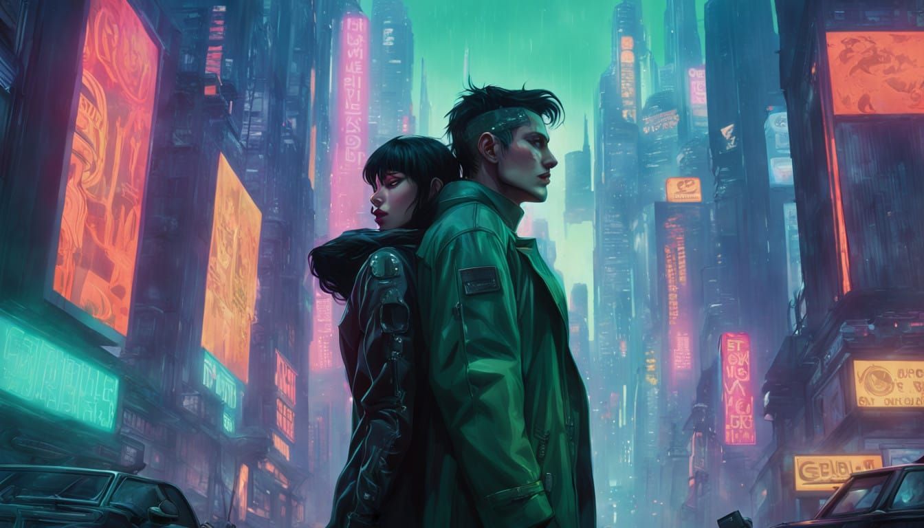 Cyberpunk Lovers in Passionate First Kiss, Neon Cityscape
