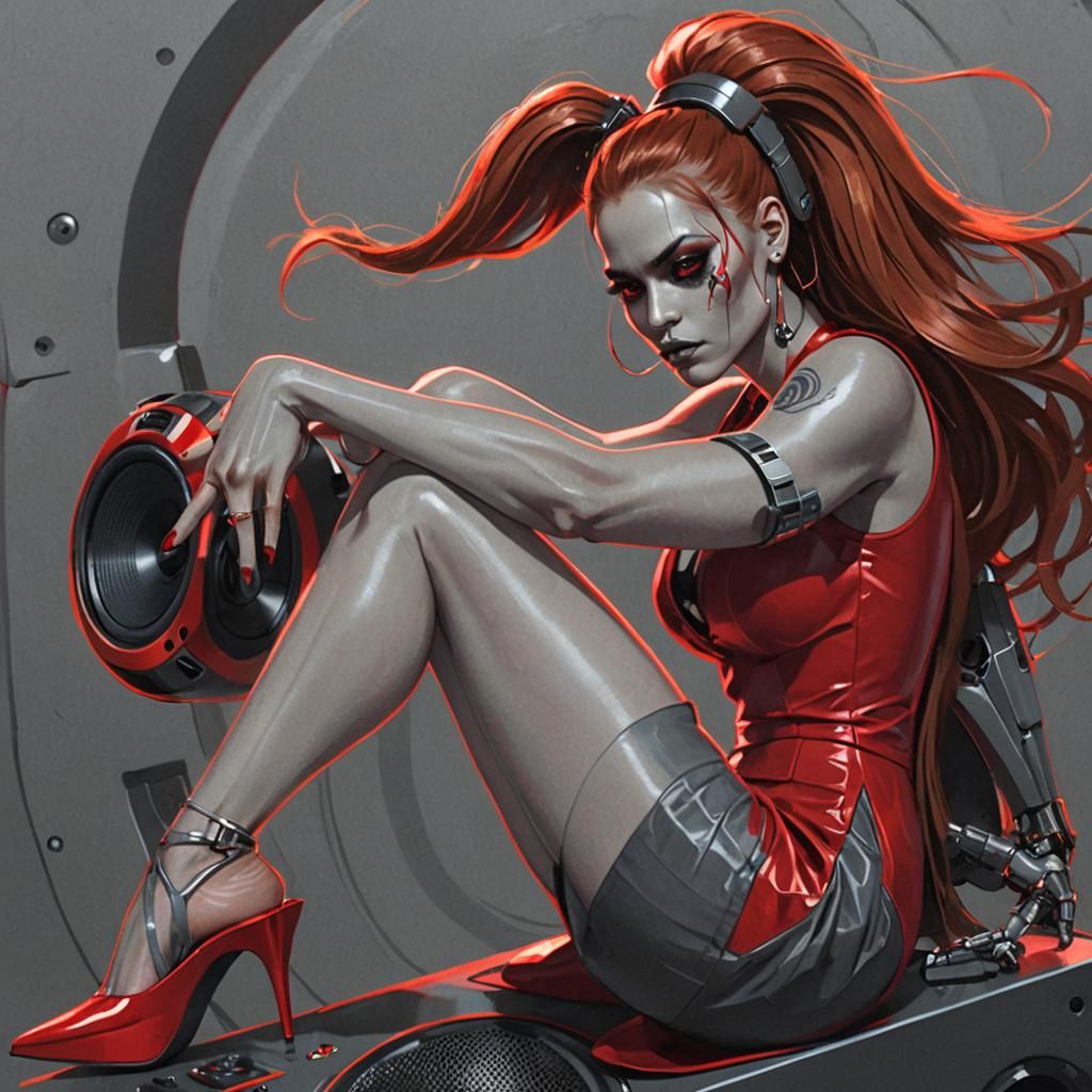 Anime Woman Portrait on Speakers in Vibrant Digital Art