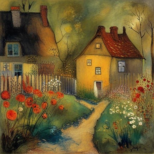 Enchanted Cottage Garden: Expressionist Painting