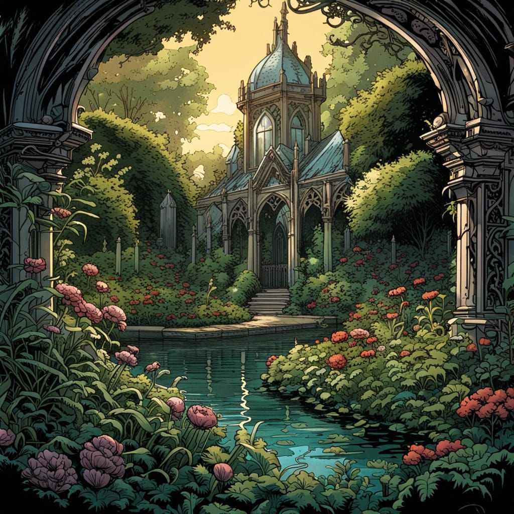 Lush Victorian Garden in Bright Sunlight