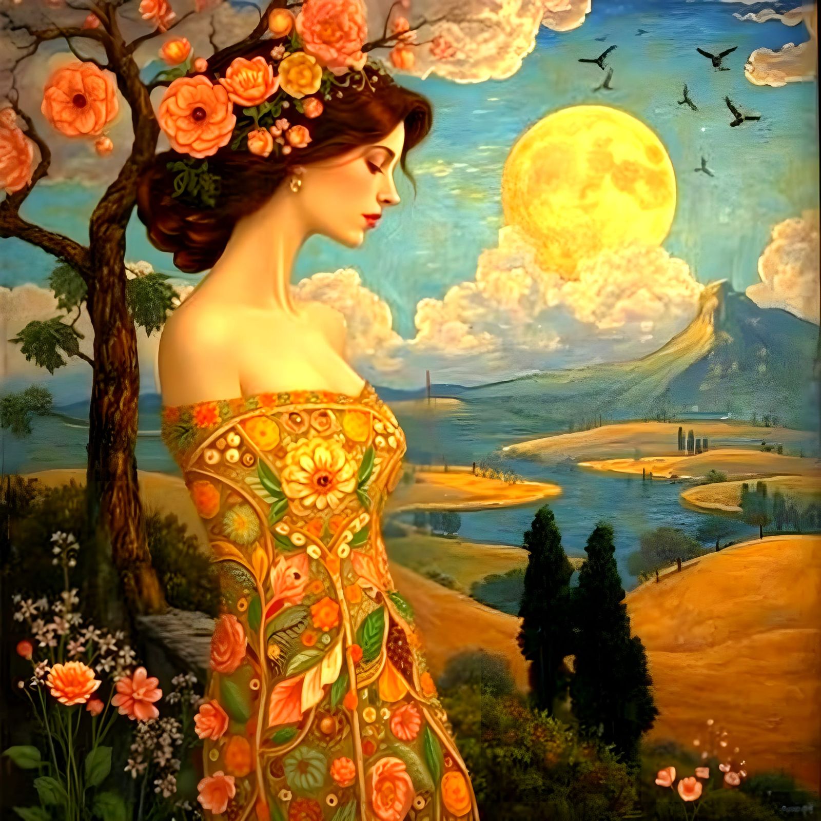 Surreal Klimt-Inspired Woman in Ethereal Landscape