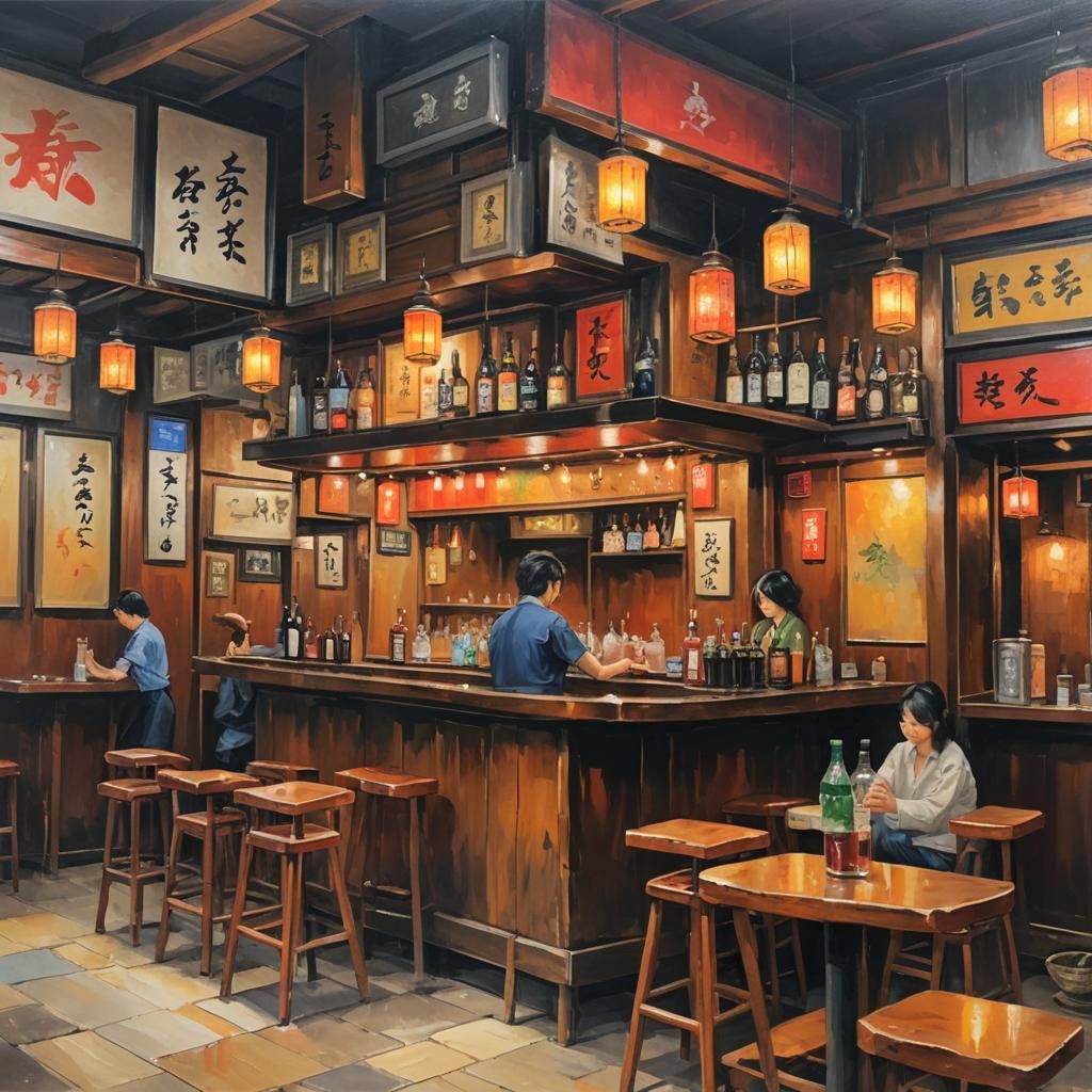 Cozy Japanese Bar in Vibrant Oil Canvas Style