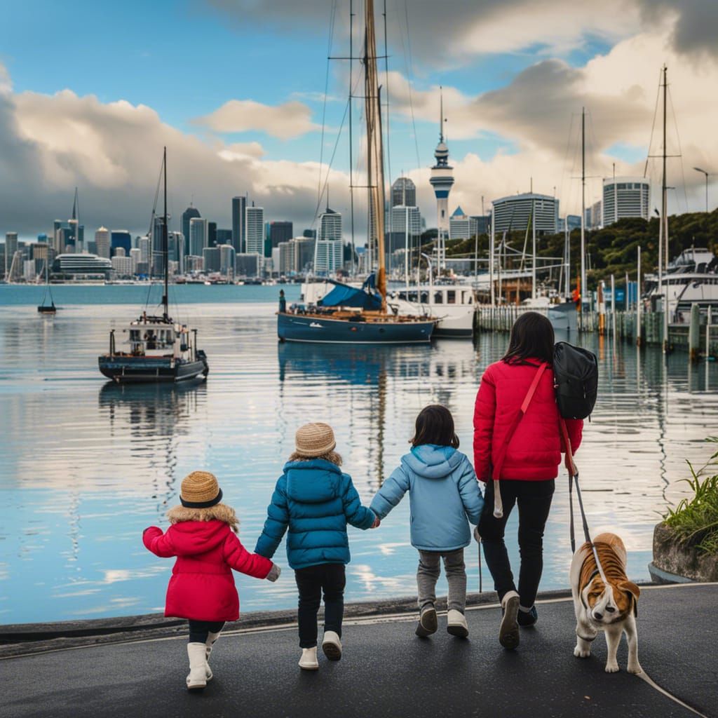 Family Stroll Along Auckland Harbor: Splash Art
