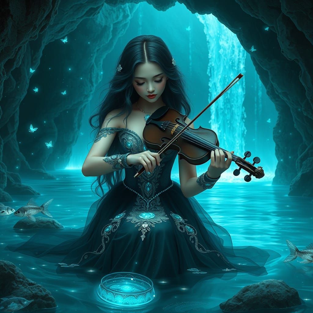 Enchanting Woman Plays Violin in Crystal Cave
