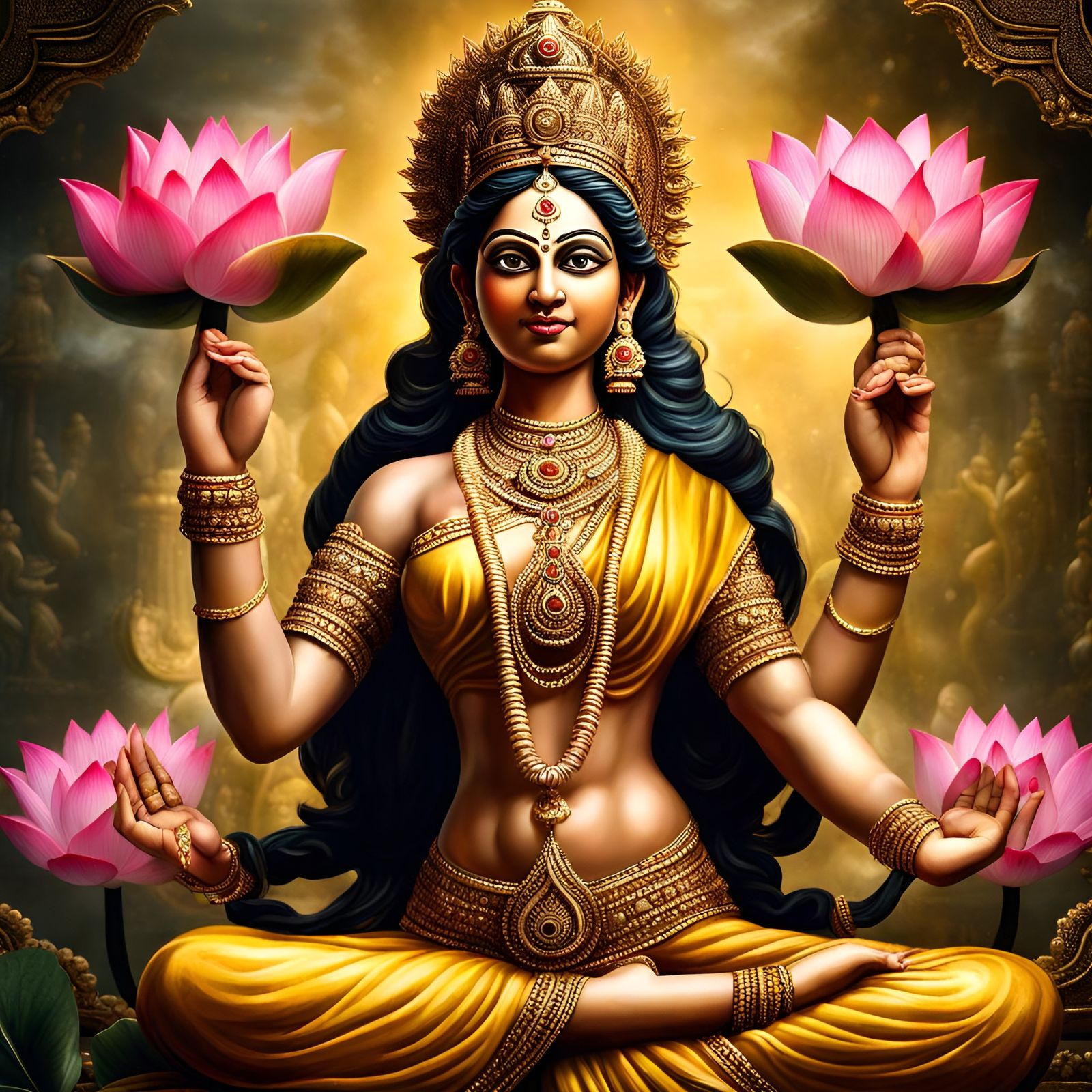Golden Lakshmi with Lotus Flowers in HDR