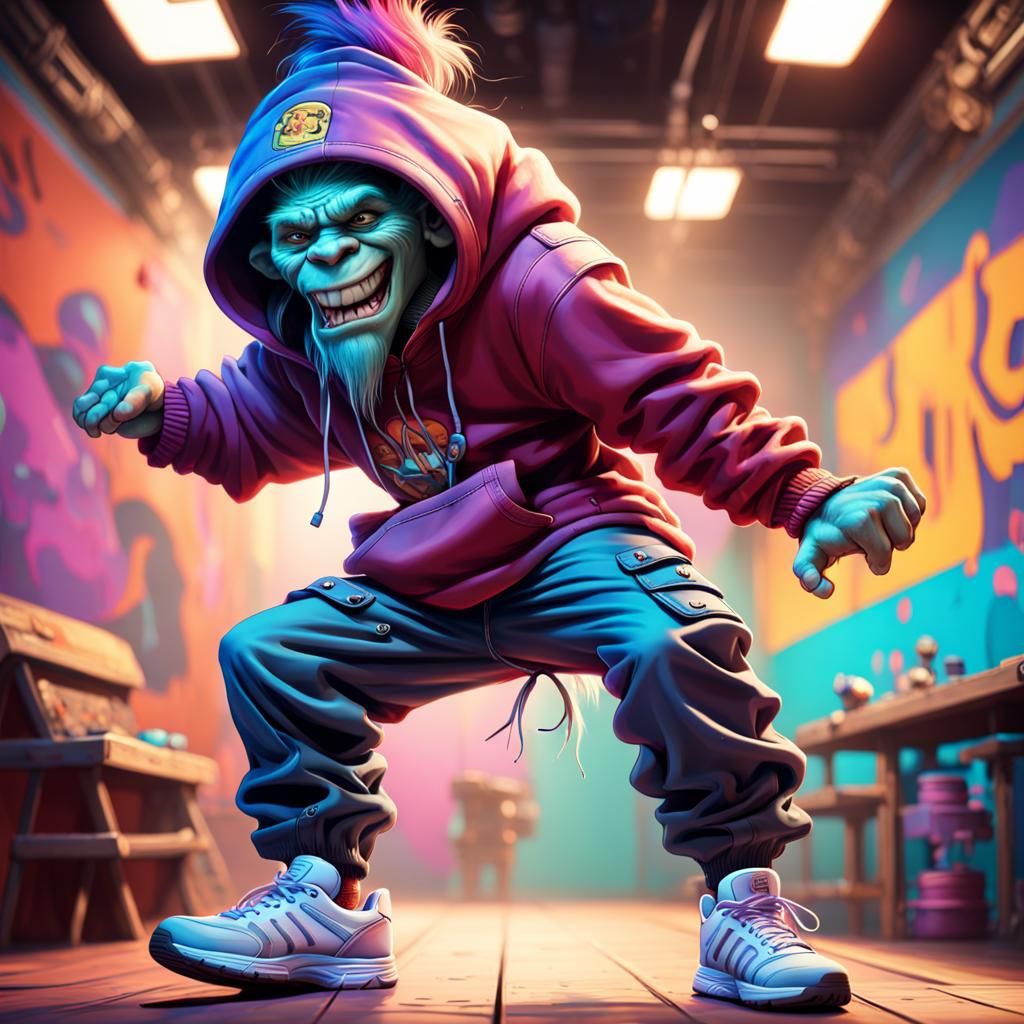 Breakdancing Troll in a Colorful Club