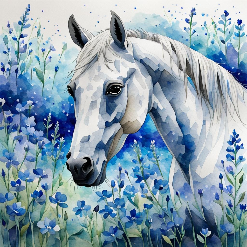 Horse in Blue Wildflowers: Watercolor Mosaic