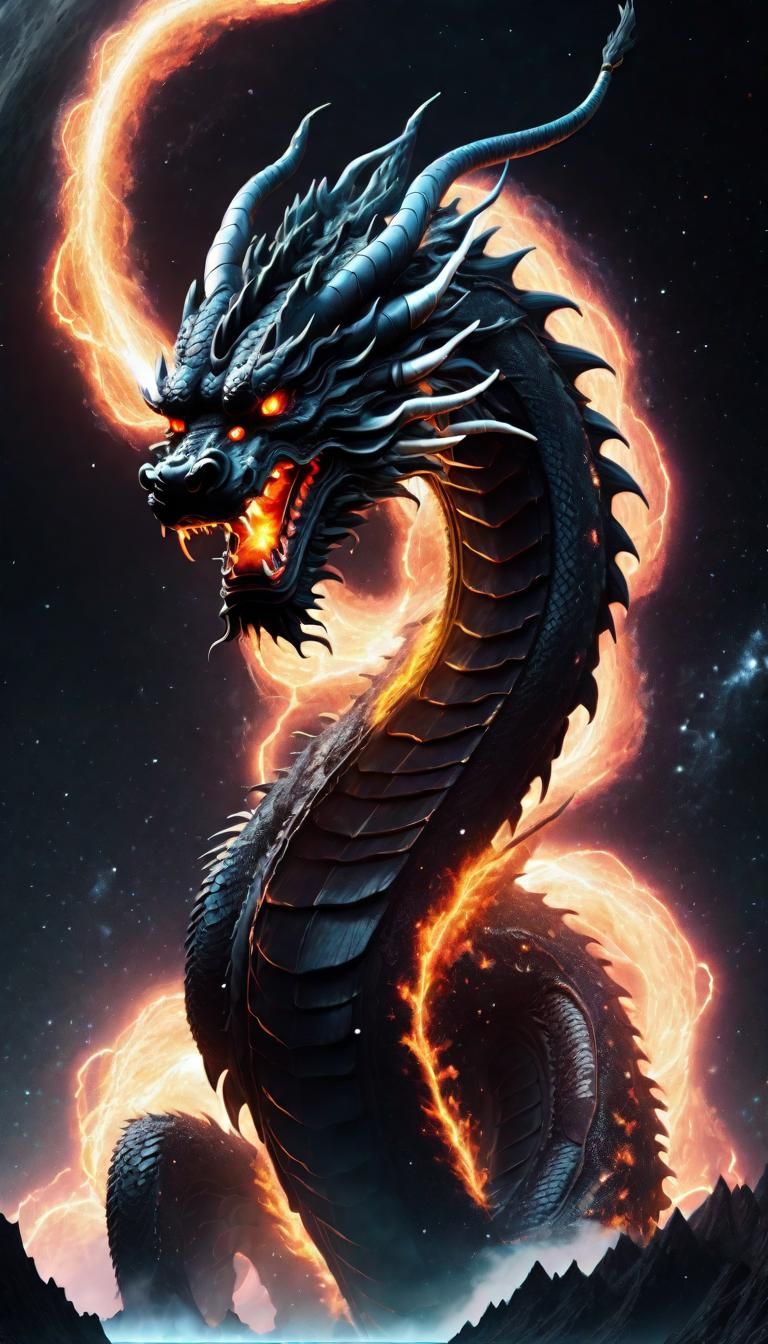 Colossal Black Dragon God in Space