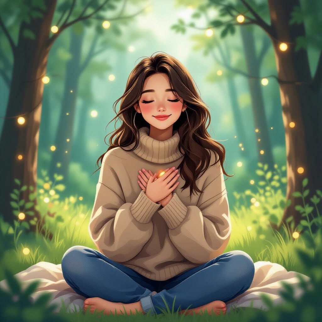 Devoted Woman in Forest with Twinkling Lights