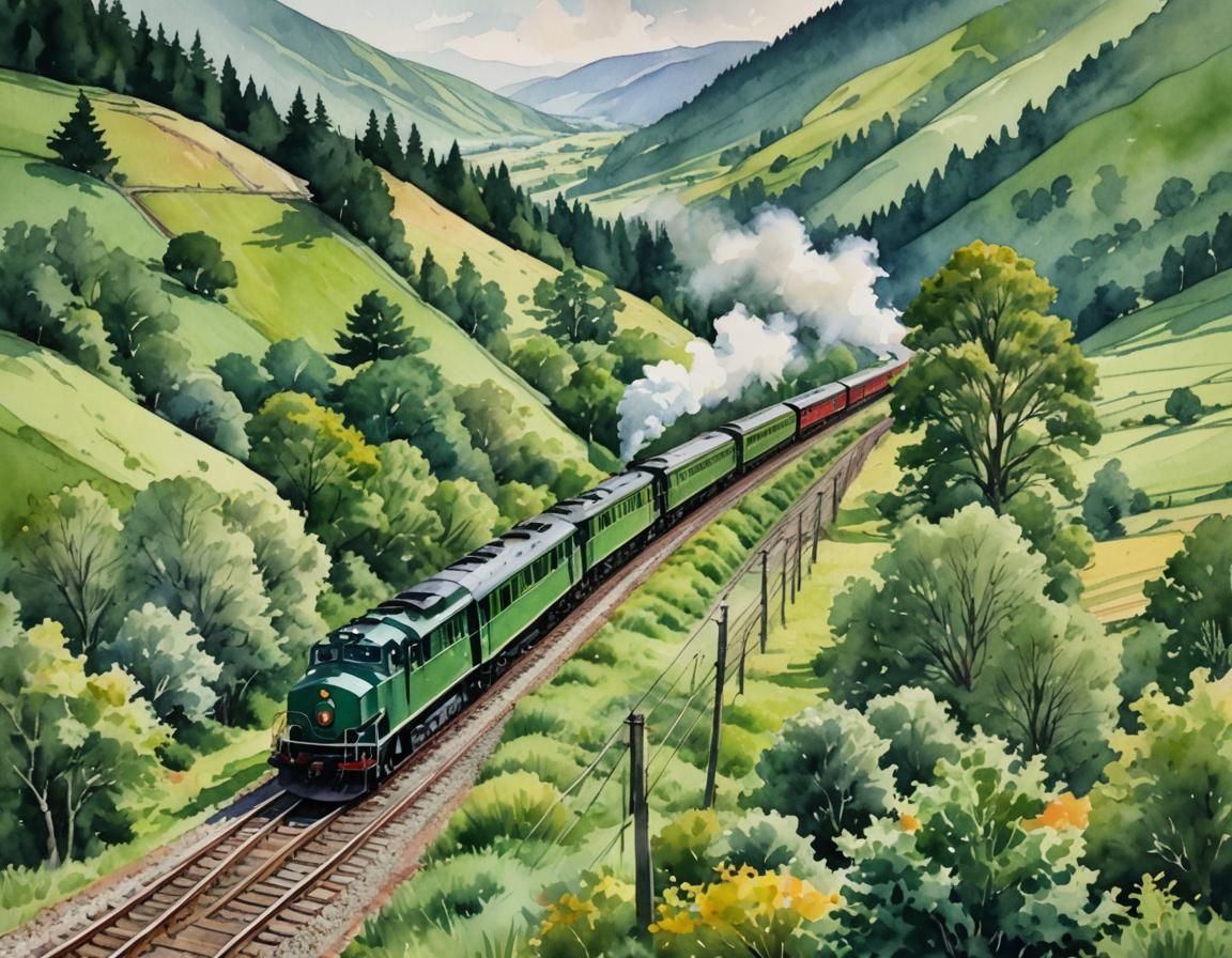 Watercolor Train Journey Through Green Landscape
