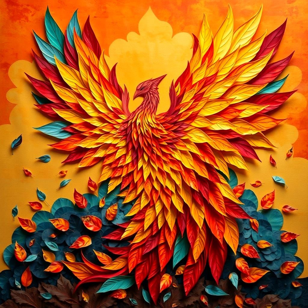 Fiery Phoenix Rising from Autumnal Grimoire