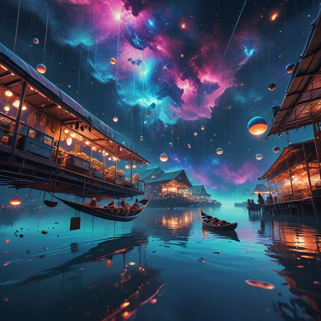 Surreal Floating Market in Zero Gravity