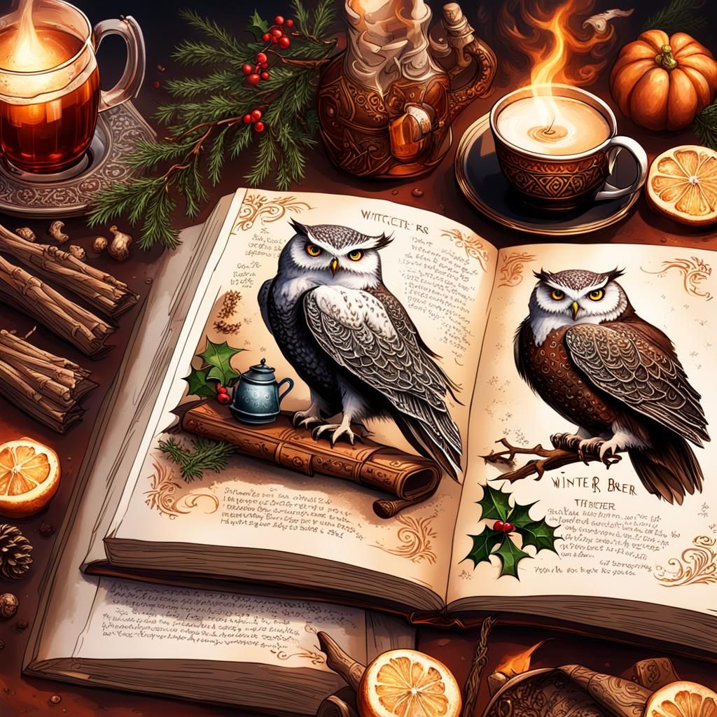 Witch's Book Page: Winter Potions and Snowy Owl