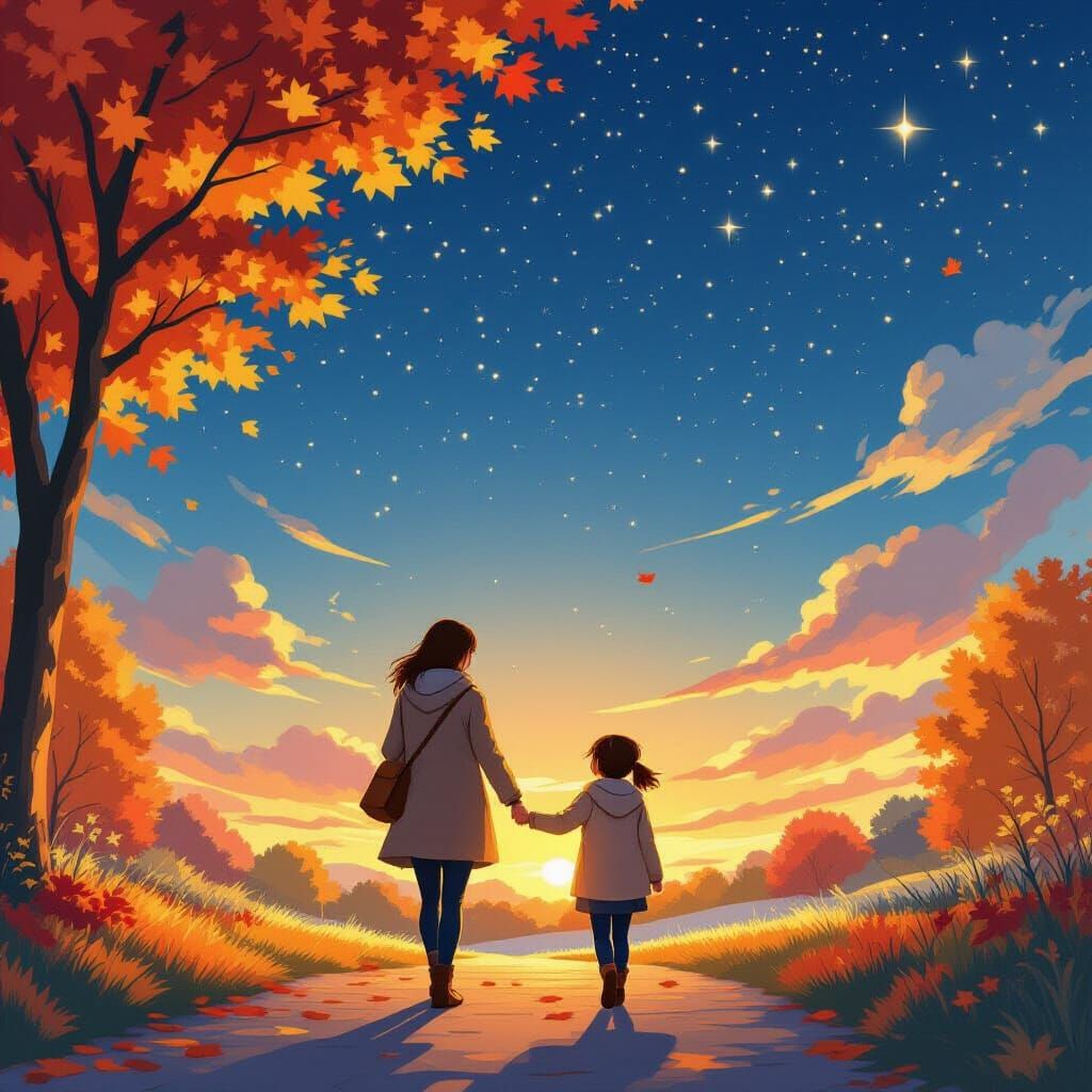 Mother and Daughter's Peaceful Autumn Evening in Dreamy Styl...