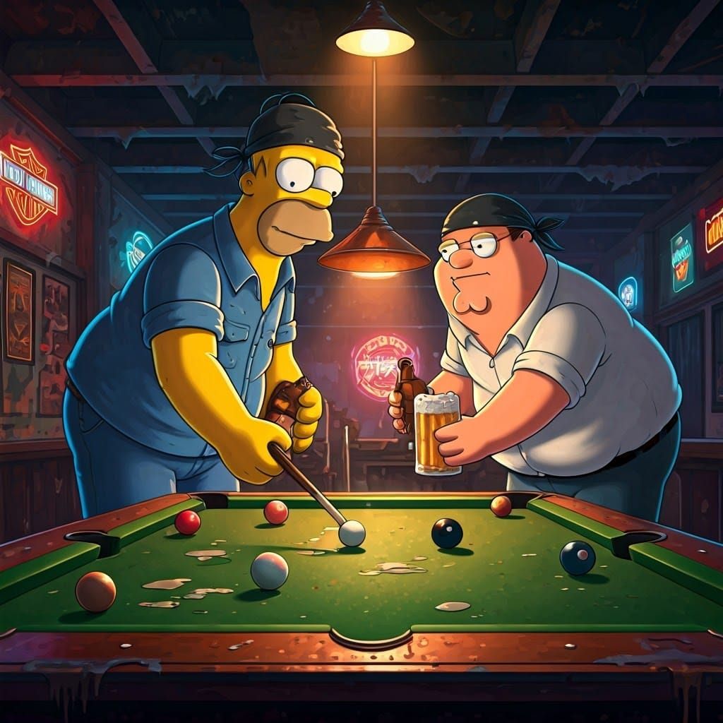 Iconic Cartoon Characters Clash in Smoky Biker Bar