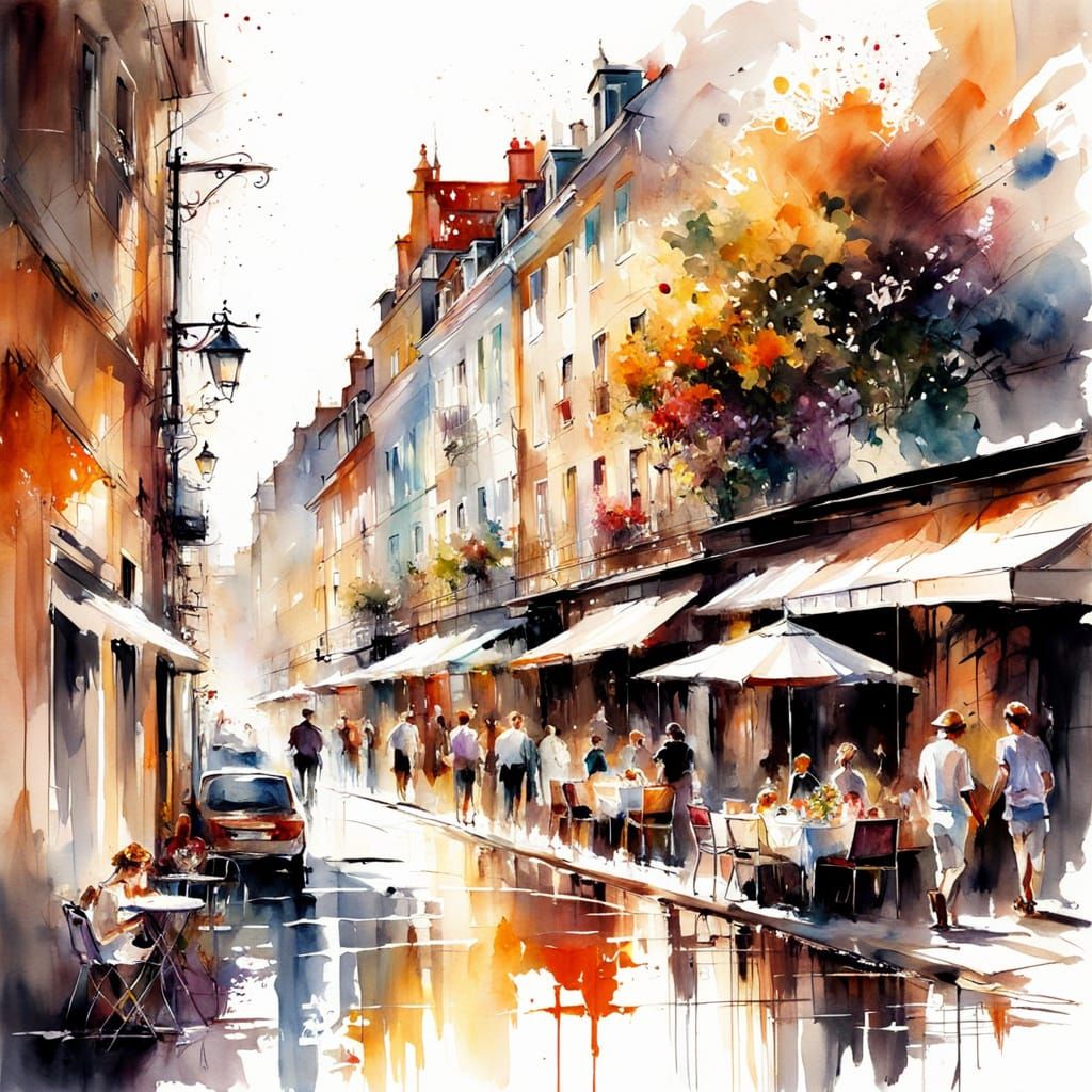Danish Street Scene in Expressive Watercolor Style