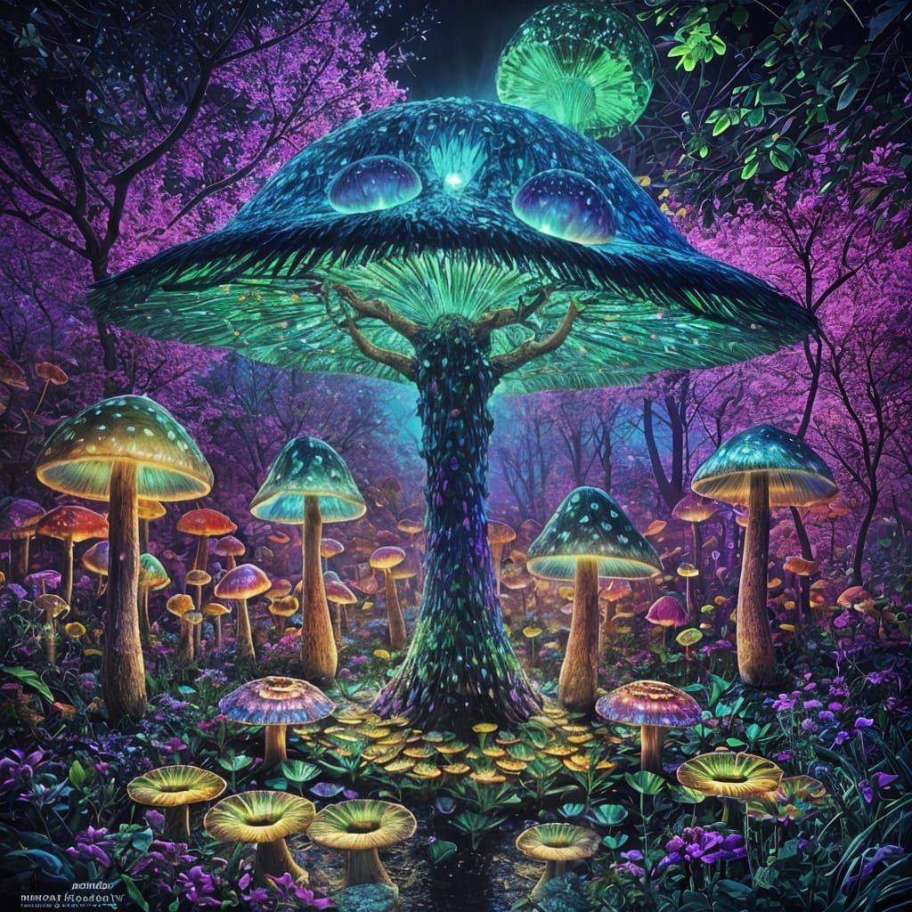 Peacock in Iridescent Glowing Mushroom Garden